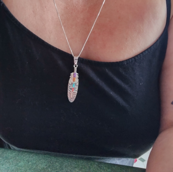 Silver & Turquoise Feather Pendant - Picture 4 of 4